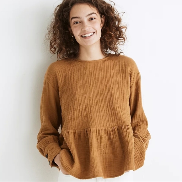 Madewell Tops - MADEWELL Womens Brown Lightspun Button-Back Peplum Top XXS